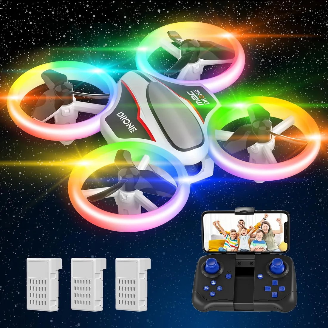 Mini Drone para Niños con Camara 1080P, Drone Quadcopter con Luces de Colores y 3 Baterías, Automático, Modo sin Cabeza, 3D Flip, Dron Juguete Regalo para Niños y Principiantes foto 3