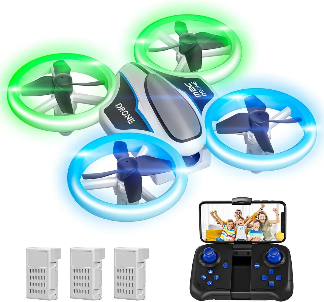 Mini Drone para Niños con Camara 1080P, Drone Quadcopter con Luces, RC Helicopteros con Vuelo Automático,Modo sin Cabeza,3D Flip y 3 Baterías,Quadcopter Regalo para Niños y Principiantes