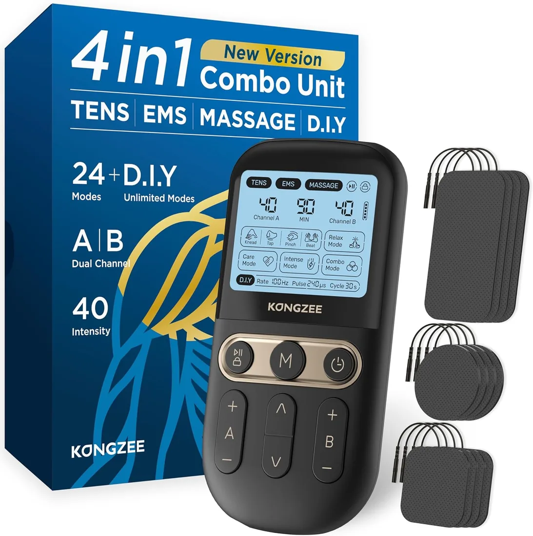 [4 en 1] D.I.Y Electroestimuladores Musculares y Nerviosos Fisioterapia, A/B Canales TENS/EMS de Masaje Terapia Maquina para Aliviar el Dolor/Cuello/Muscular, 12pcs Almohadillas de Electrodos.