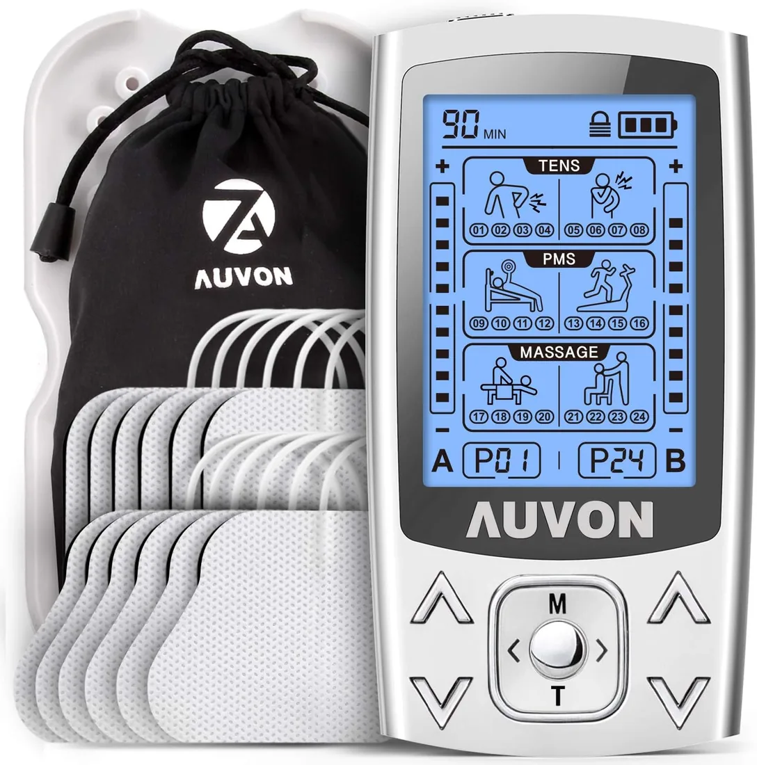 AUVON TENS/EMS/Masaje Electroestimulador muscular para el alivio del dolor | 24 modos dispositivo de corriente de estimulación 3 en 1, 12pcs 2"x2" Electrodos con diseño patentado, Canal Individual Doble