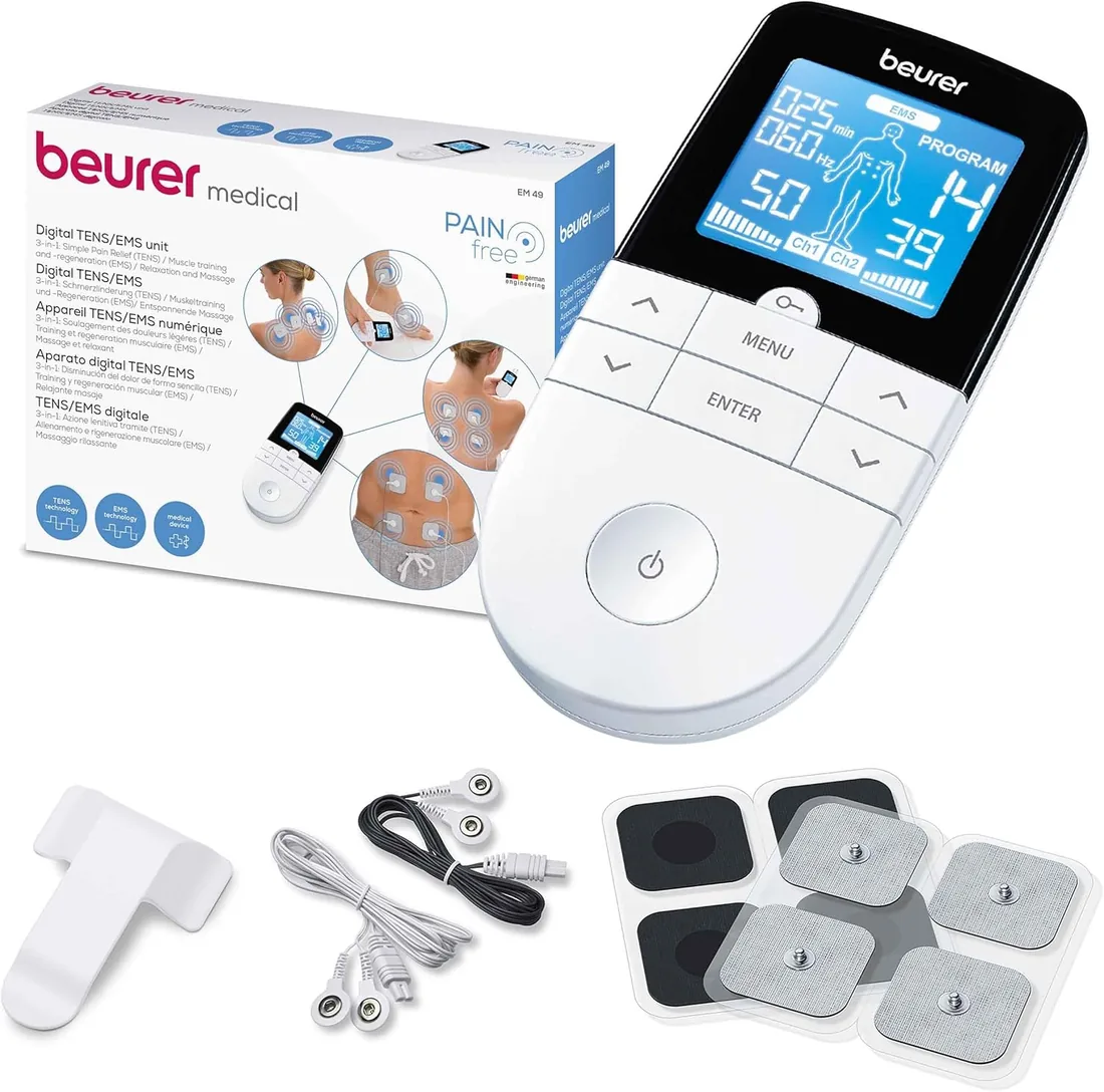 Beurer EM 49 TENS/EMS digital, dispositivo de corriente de estimulación 3 en 1 para el alivio del dolor y entrenamiento, función de masaje, incluye 4 electrodos, Color Blanco