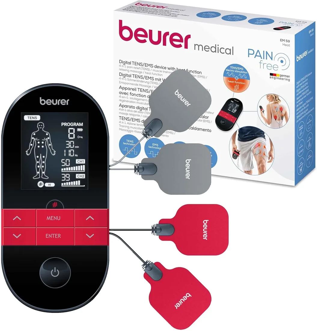 Beurer EM 59 Electroestimulador digital con función calor, tens, ems y masaje, 2 canales, función calor, 4 electrodos, con pads de gel, intensidad regulable, temporizador, color negro rojo foto 3