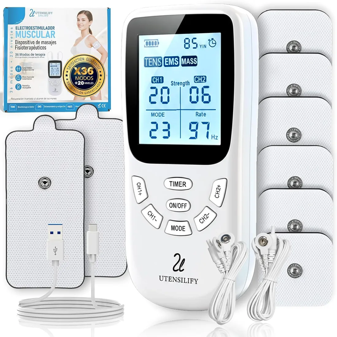 Electroestimulador Muscular UTENSILIFY® 3 EN 1 PREMIUM | 6 Electrodos Para Tens + 2 Electrodos Fisioterapia | 36 Modos + 20 Niveles de Intensidad | Estimulador Muscular | Tens | EMS|Mass (Blanco) foto 3