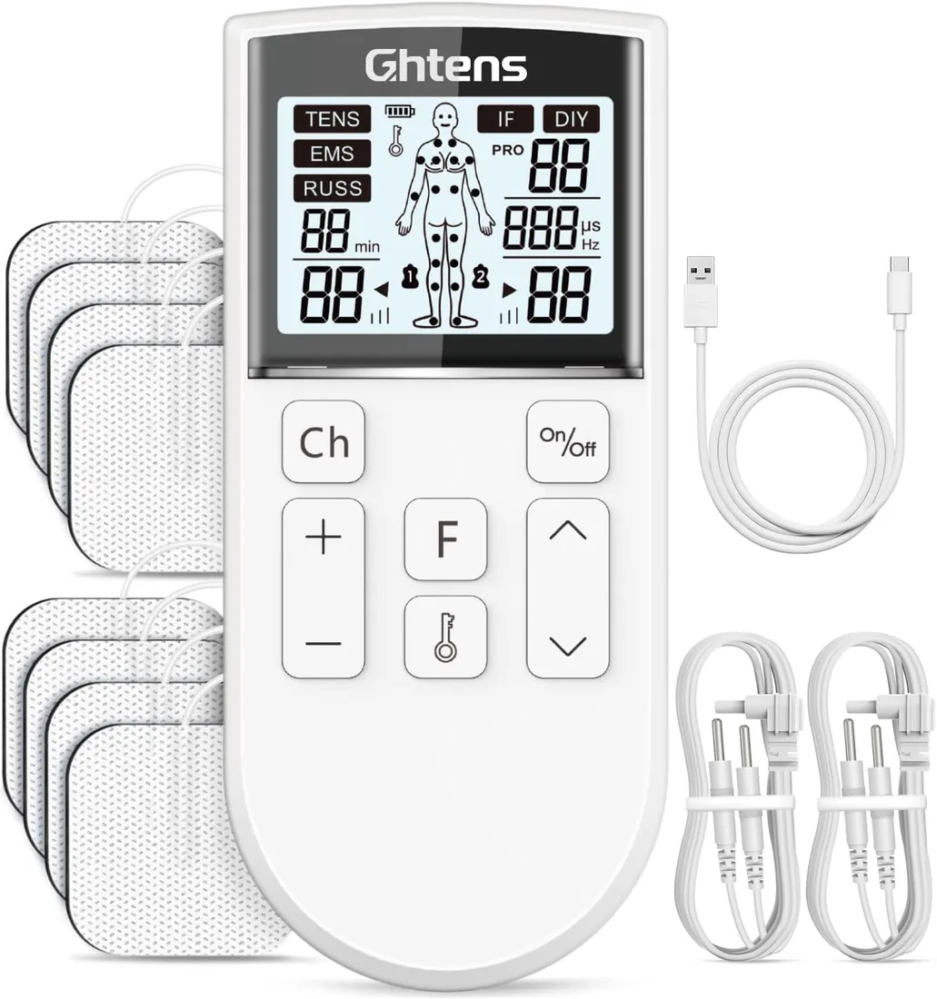 GHTENS 5 en 1 Electroestimulador Muscular Profesional, Recargable 80 Modos de Estimulación, Con Función TENS/EMS/RUSS/IF/DIY y Masaje, 2 Canales, 16 Intensidad, Para el Alivio del Dolor (Blanco) foto 3