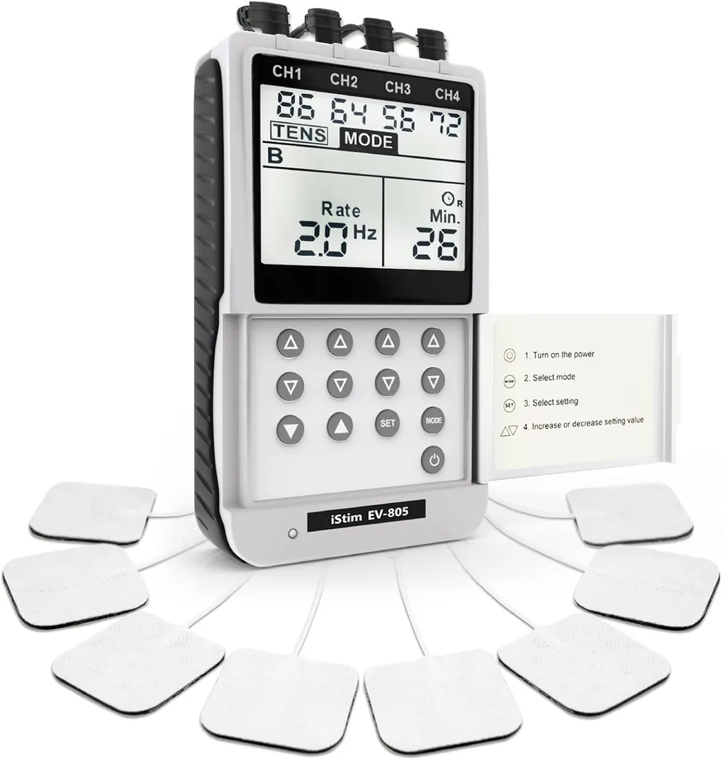 iStim EV-805 TENS y EMS de 4 canales – electroestimulador muscular digital con 16 electrodos reutilizables, portátil para terapia física, alivio del dolor y rehabilitación muscular