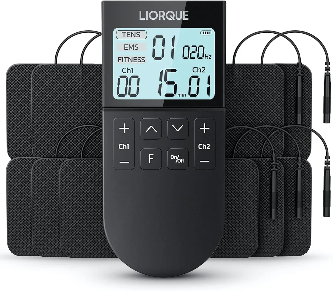 LIORQUE Electroestimulador Muscular, TENS/EMS/FITNESS 3 en 1, Negro | 50 Modos, 10 Piezas de Electrodos TENS, 16 Niveles de Intensidad Para el Alivio del Dolor foto 2