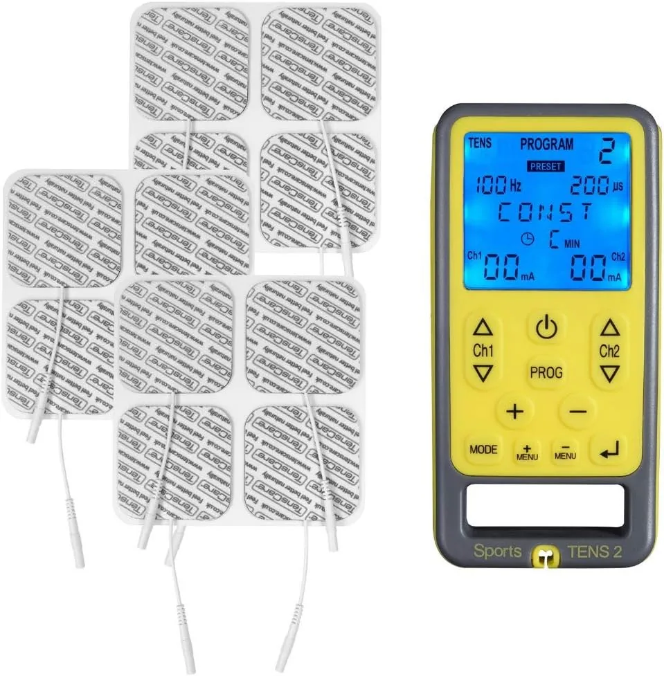 Tenscare Sports Tens 2+ Paquete de 12 Electrodos - Dispositivo de electroestimulación con Masaje, TENS, EMS y programas manuales. Para alivio del dolor, tonificación y relajación muscular. | Electroestimulador con programas TENS, EMS y masaje para dolor, tonificación y relajación muscular.