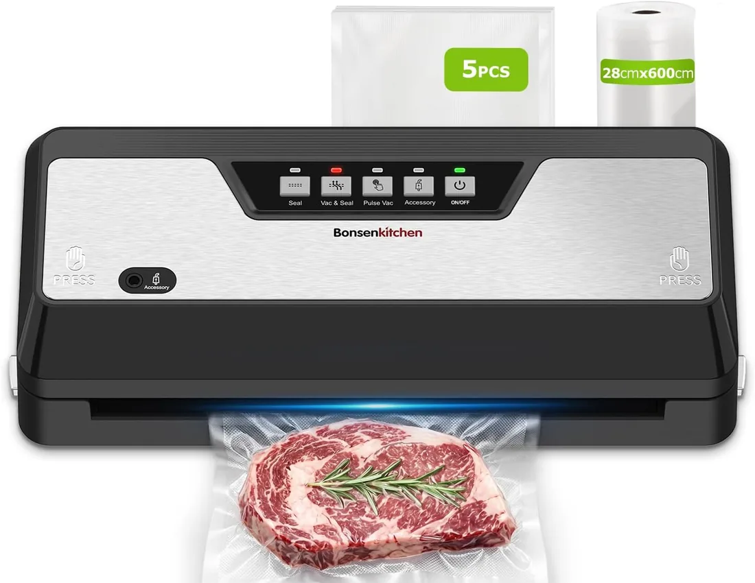 Bonsenkitchen Envasadora al Vacio 125W, Cortador Integrado, VS3019 | 4 Modos de Funcionamiento, Barra de Sellado Ensanchada, Cortador Integrado, 1 Rollo de Bolsas, 5 Bolsas al Vacío foto 2