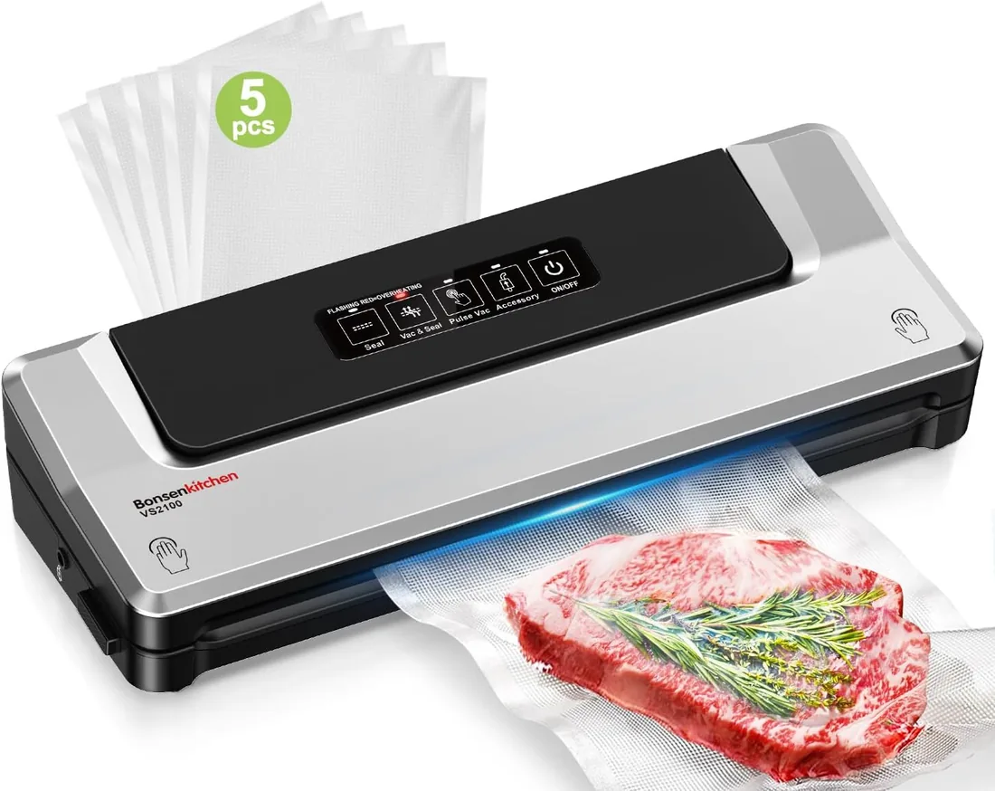 Bonsenkitchen Envasadora al Vacío, 4 Modos, Accesorios Incluidos | Uso Doméstico y Comercial, Maquina al Vacio de Alimentos, Incluyendo 5 Bolsas,1 manguera de aspiración externa foto 3