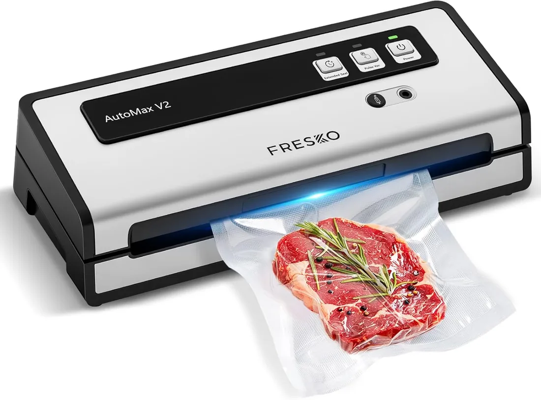FRESKO Envasadora al vacío, Bloqueo Automático, Automax V2 | 140 W, Capacidad de Succión 11 L/min, Sellado Térmico Ancho, Modo Húmedo/Seco, 10 Bolsas Precortadas