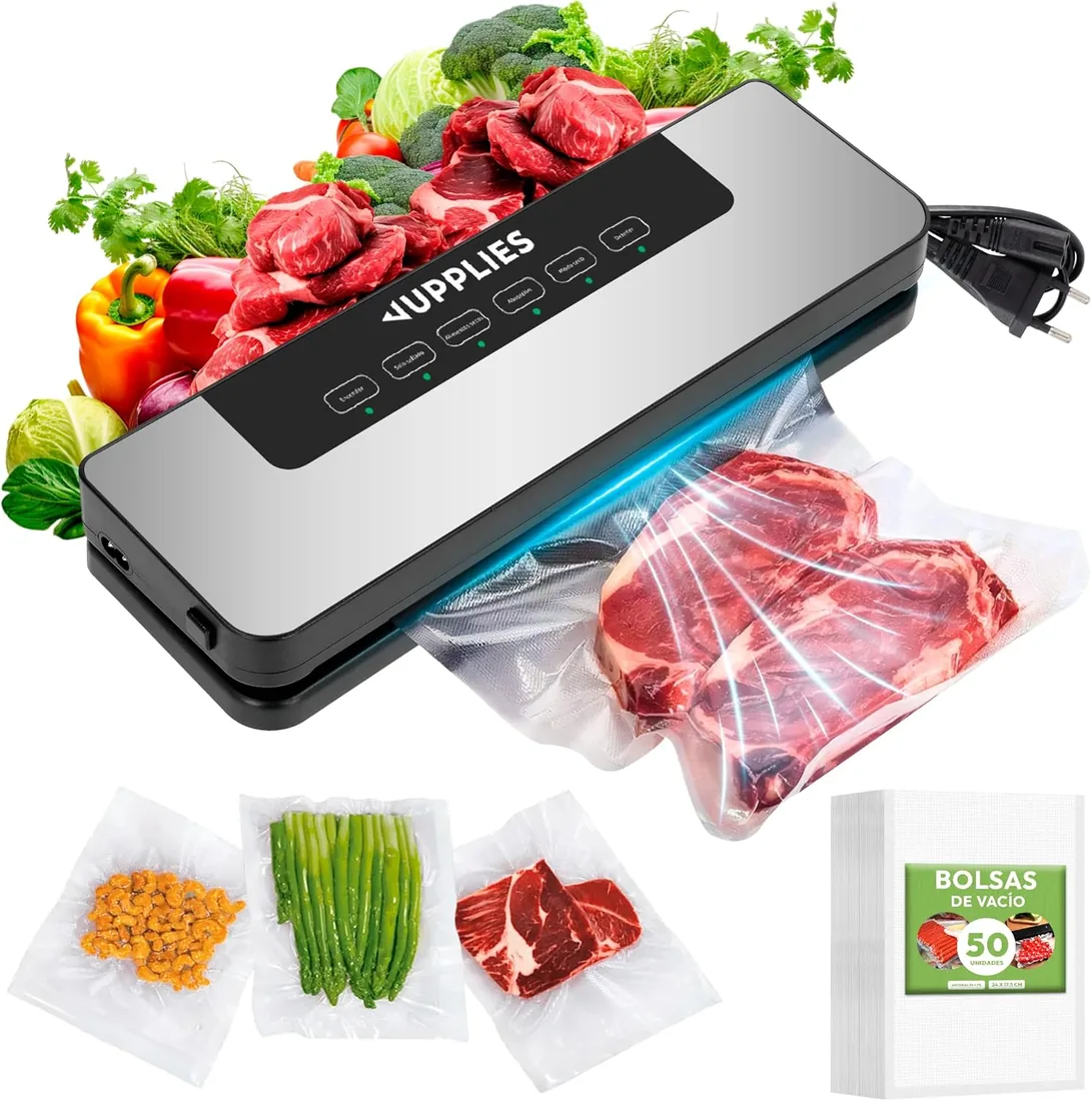 JUPPLIES Envasadora al Vacio Domestica - Selladora de Alimentos Profesional con Potente Succión 80 Kpa y 5 Modos - Máquina de Conservación de Alimentos Frescos (Envasadora + 50 Bolsas)