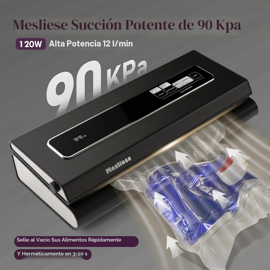 Mesliese 90kPa Envasadora al Vacío, para Alimentos Secos/Húmedos, Gris | 6-in-1 Envasadora al Vacío Compacta, 2 Rollos de Bolsas & 5 Bolsas Precortadas, Succión Inteligente, Sellado al Vacío Externo foto 3