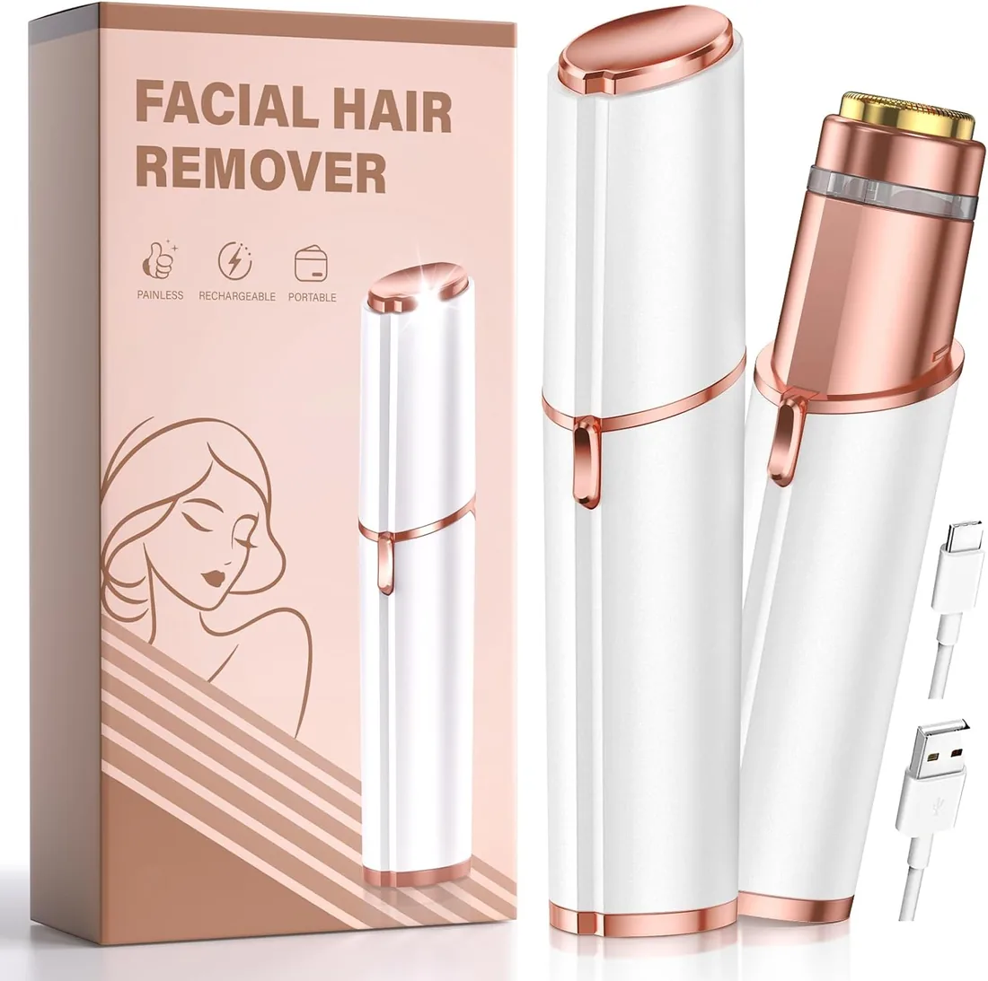 Depiladora Facial Mujer Eléctrica Recargable: Depilador Facial Sin Dolor Portátil con Luz LED- para Labio/Barbilla/Bigote- Preciso y Fácil de Usar- Recargable USB (Blanco) foto 2