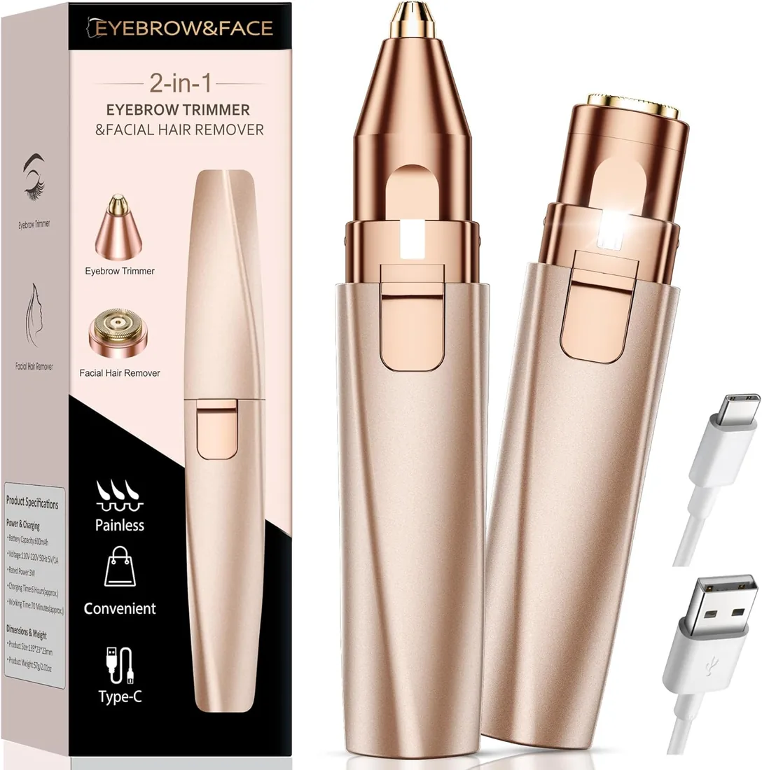 Depiladora Facial Mujer Eléctrica Recargable: Recortadora de Cejas 2 en 1 Sin Dolor/Impermeable para Labio/Barbilla/Mejillas- Regalo Mujer (Dorado) foto 3