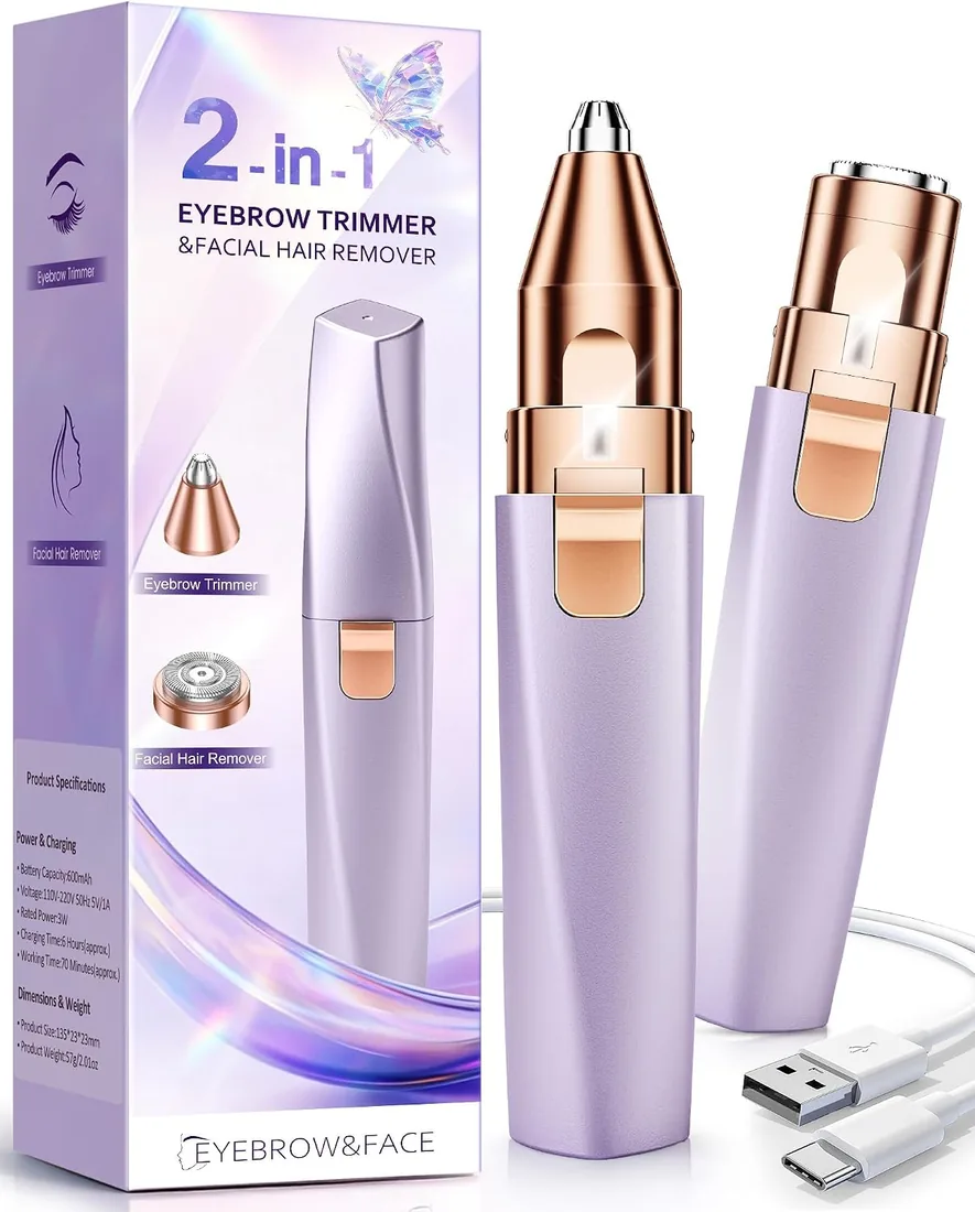 Depiladora Facial Mujer Eléctrica Recargable: Recortadora de Cejas 2 en 1 Sin Dolor/Impermeable para Labio/Barbilla/Mejillas- Regalo Mujer (Púrpura) foto 3