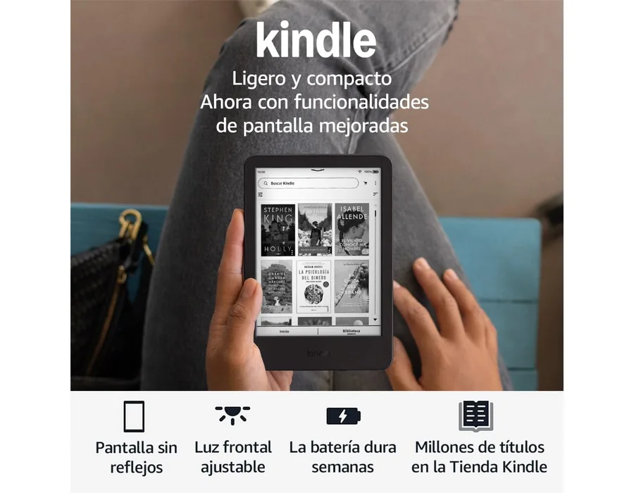 Amazon Kindle (última generación) | el Kindle más ligero y compacto, con pantalla sin reflejos, pasos de página más fluidos y luz frontal ajustable | 16 GB | Sin publicidad | Negro