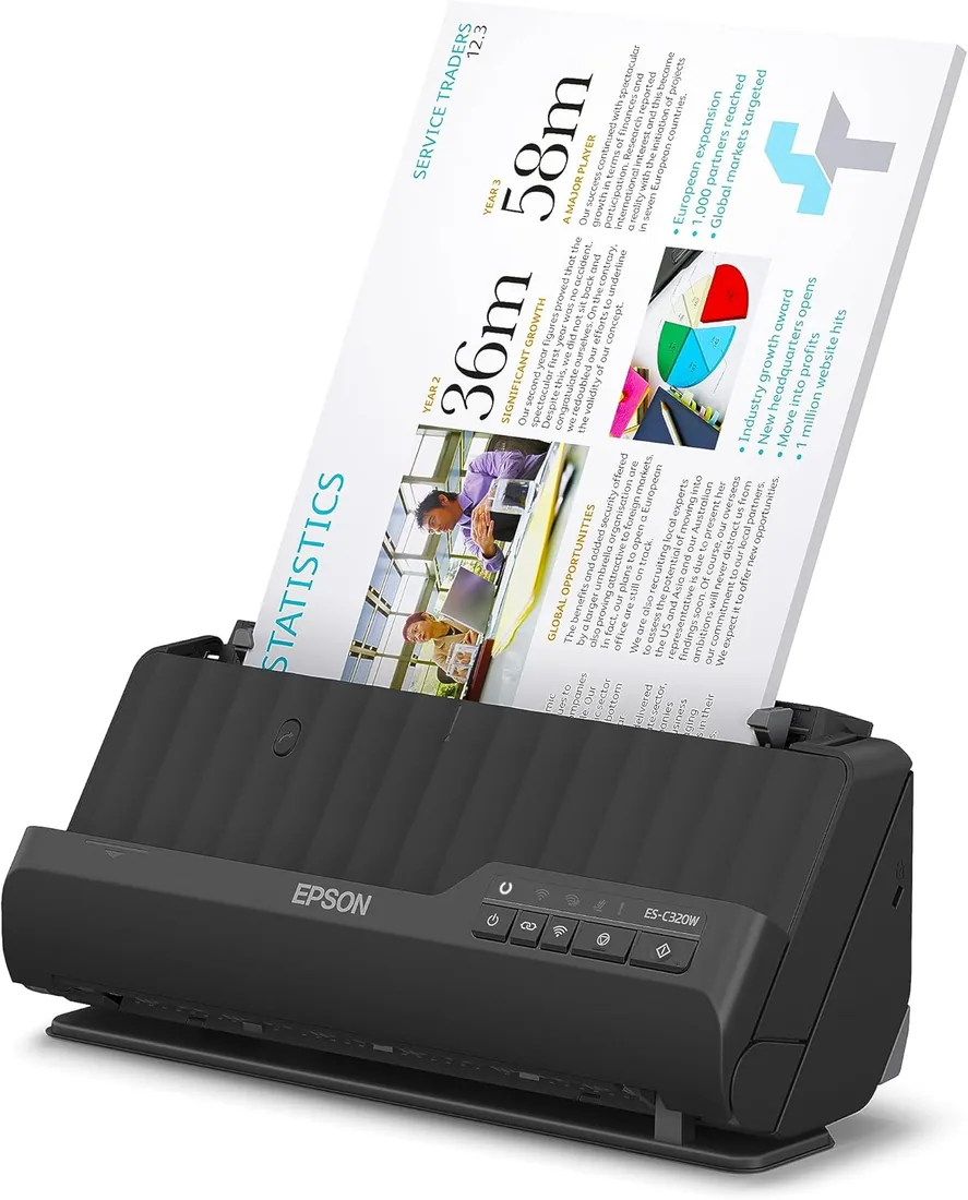 Epson ES-C320W, Escáner Vertical de Documentos A4, USB, WiFi, Alimentador Automático de Documentos, escaneado Doble Cara (dúplex), Color Negro