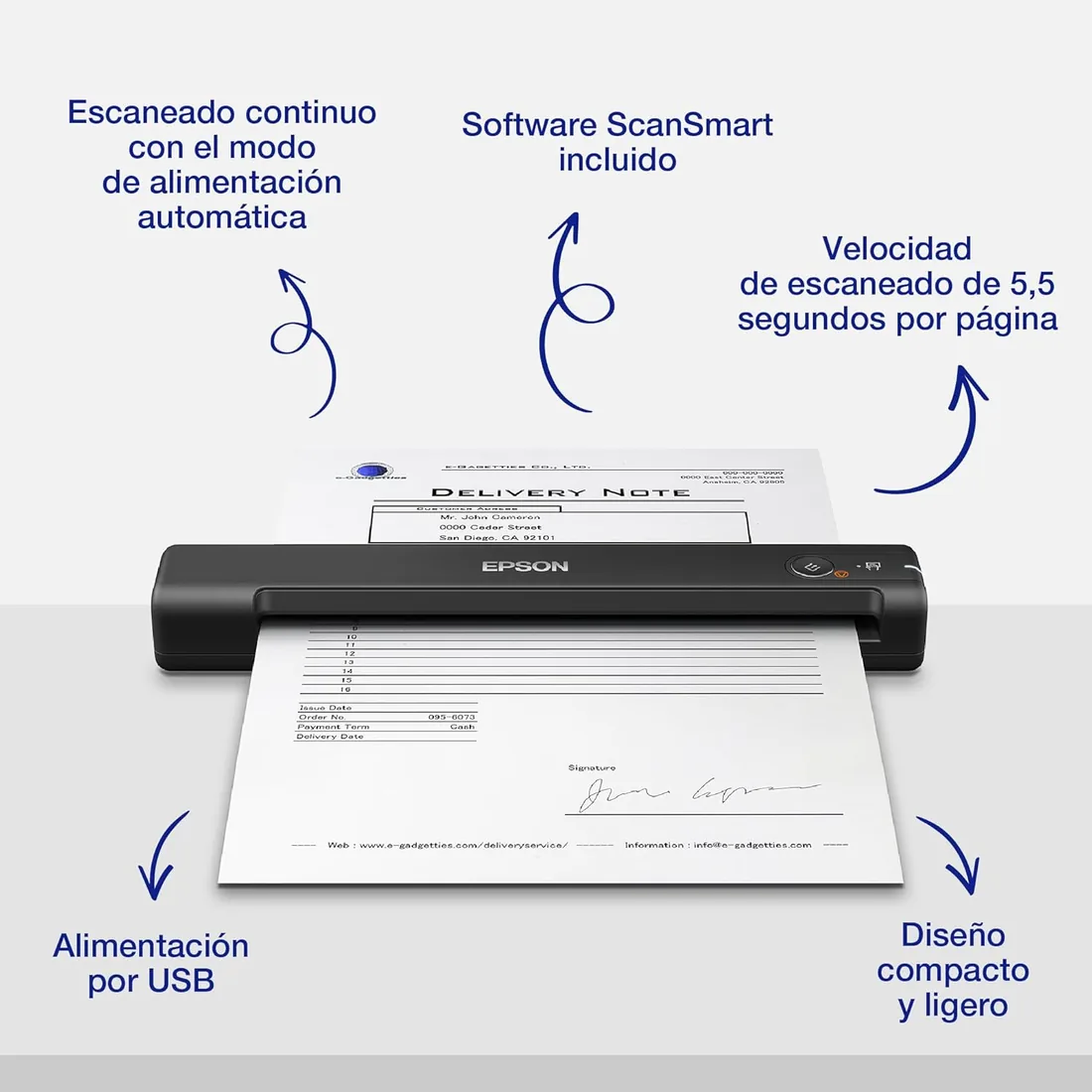 Escáner móvil rápido Workforce ES-50 A4 con tecnología Epson ScanSmart y sin Tiempo de Encendido foto 2