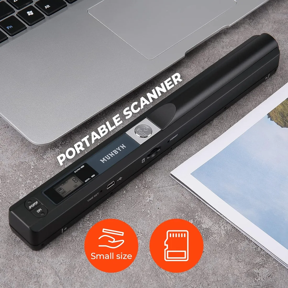 MUNBYN 2026 Nuevo Escáner Portátil, Escáner Documentos y Imágenes en A4 con 900 dpi, Escaneo Plano, Incluye Tarjeta SD de 16G, Escáner Sube Imágenes Vía Cable USB, Sin Controlador, Negro foto 2