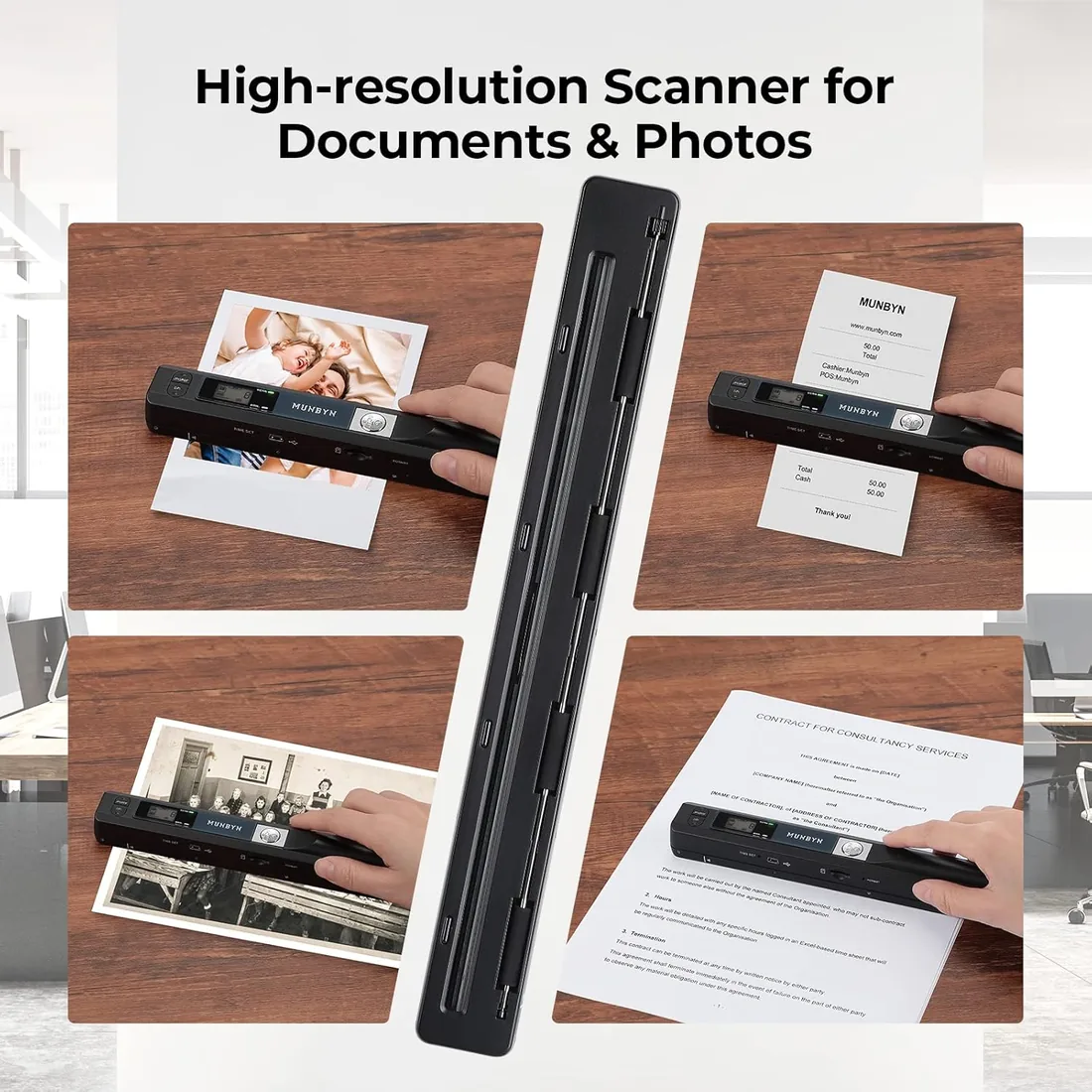 MUNBYN 2026 Nuevo Escáner Portátil, Escáner Documentos y Imágenes en A4 con 900 dpi, Escaneo Plano, Incluye Tarjeta SD de 16G, Escáner Sube Imágenes Vía Cable USB, Sin Controlador, Negro foto 3
