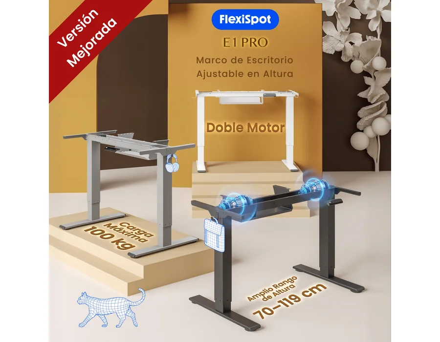 FLEXISPOT E1 Pro Escritorio Elevable Eléctrico con 2 Motores y 2 Patas Escritorio Ajustable en Altura de Acero con 4 Funciones de Memoria Standing Desk, Carga de 100kg(Marco en Bla foto 3