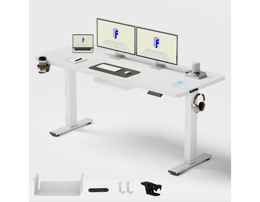 FLEXISPOT Escritorio Elevable Eléctrico 160x60 cm, Mesa Standing Desk Regulable en Altura para Oficina y Teletrabajo, 4 Memorias, Bloqueo Infantil, 2 Ganchos, Soporta 100 kg, Blanc