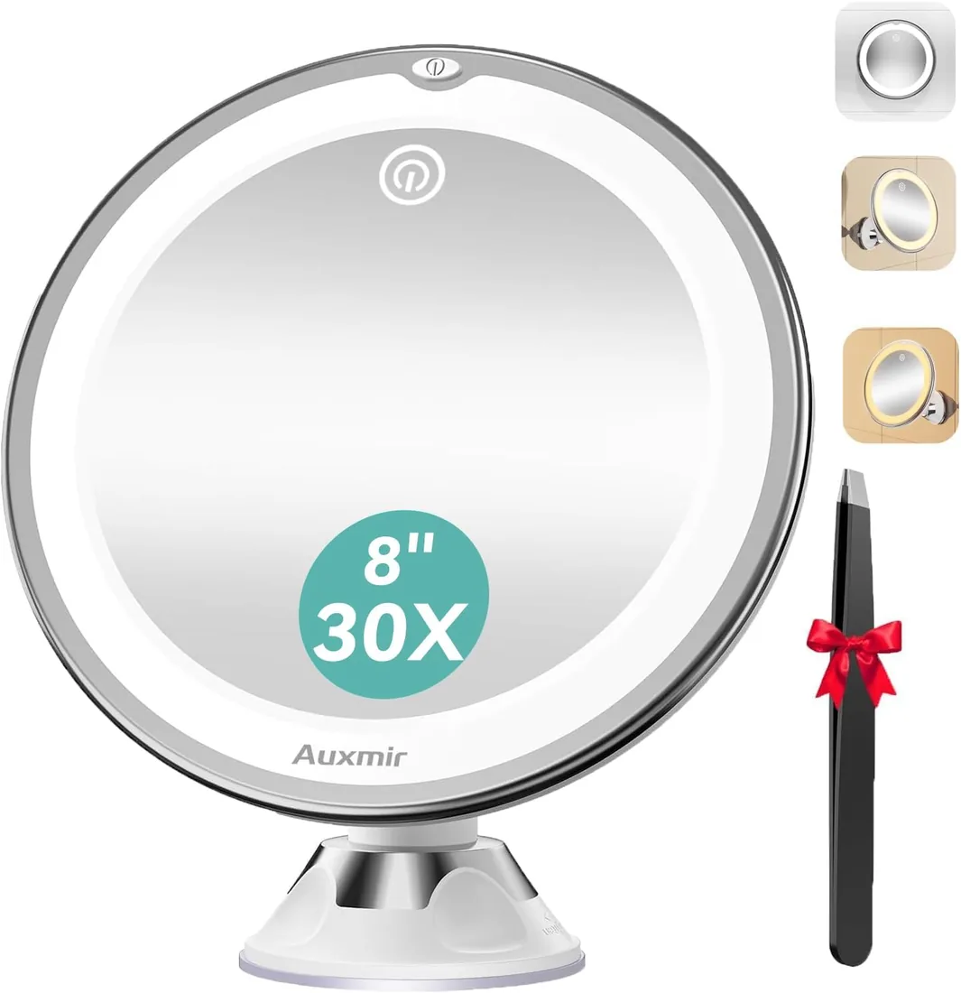 Auxmir Espejo Maquillaje con Luz LED, Aumento 30X con Ventosa | Color y Brillo Regulables. Giratorio 360°. Ideal para Maquillaje, Cejas, Depilación, Cuidado Facial, Baño, Pared y Viaje foto 3
