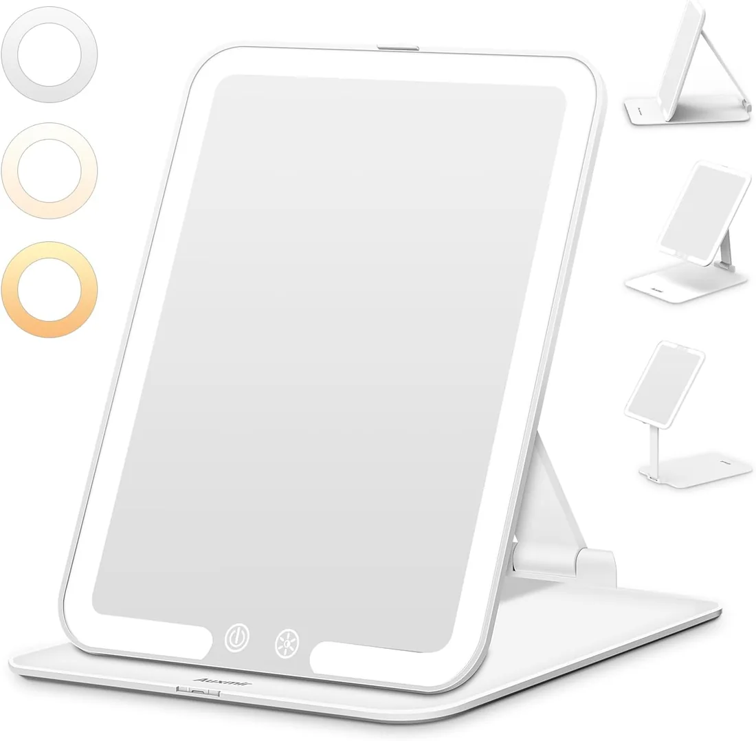 Auxmir Espejo Maquillaje con Luz Recargable Plegable y Portátil para Viaje | 1500mAh con USB-C, Sensor Inteligente y Control Táctil, 3 Colores LED y Brillo Regulable, Compacto de Mesa, Blanco foto 2