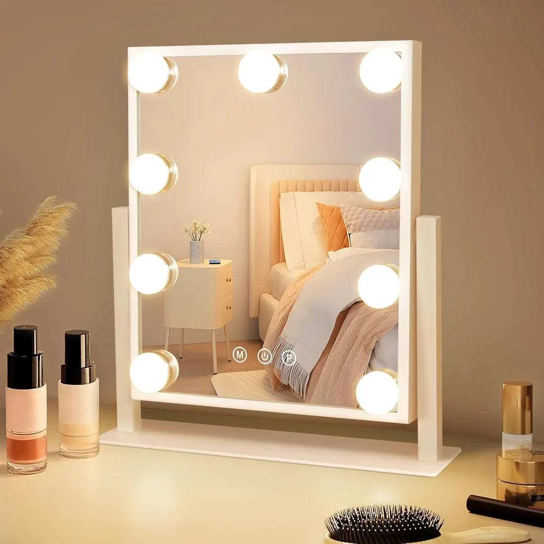 Espejo de Maquillaje con iluminación Hollywood Espejo con 9 LED | vanidad con 9 LED pequeño espejo cosmético con luz 360° rotación espejo de mesa 3 modos espejo tocador táctil regulable