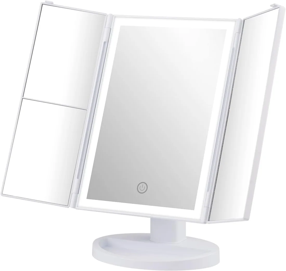 GRIFEMA GF1001W Espejo Maquillaje con Luz LED, Espejo Triple | Aumento 1X/2X/3X, Interruptor Táctil, Rotación 180°, Alimentación USB o Pilas, 32 LED, Blanco