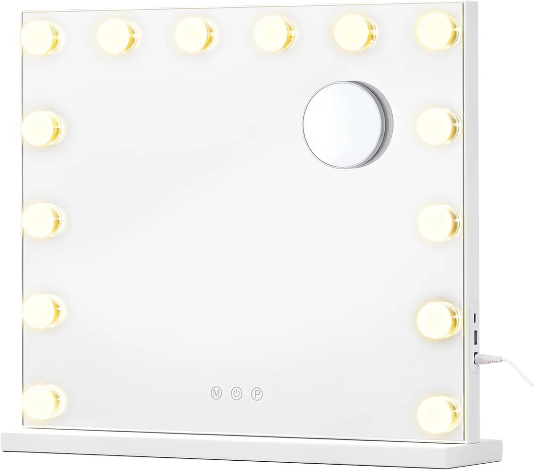 SONGMICS Espejo Tocador, Espejo Maquillaje con Luz con Base Fija, 50x42 cm | 3 Modes Table Mirror, 14 LED Lights, Touch Control, Espejo de Mesa, Blanco Mate, LWM227WC02