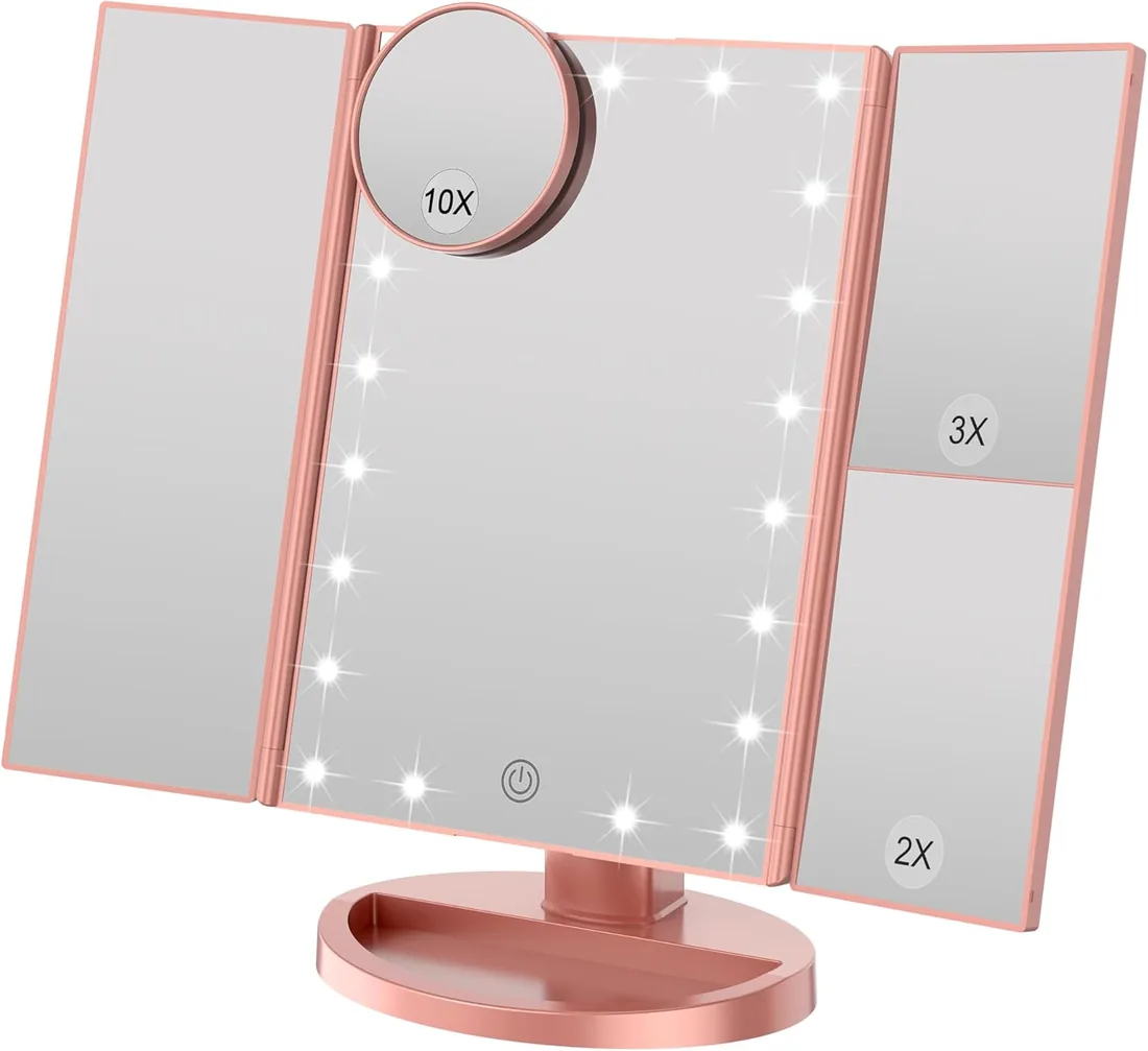 WEILY Espejo Maquillaje con Luz, 21 LED y Aumento 1X / 2X / 3X, Pantalla Táctil de 180º Ajustable, Espejo Tocador Tríptico con Luz Plegable y Recargable, Oro Rosa
