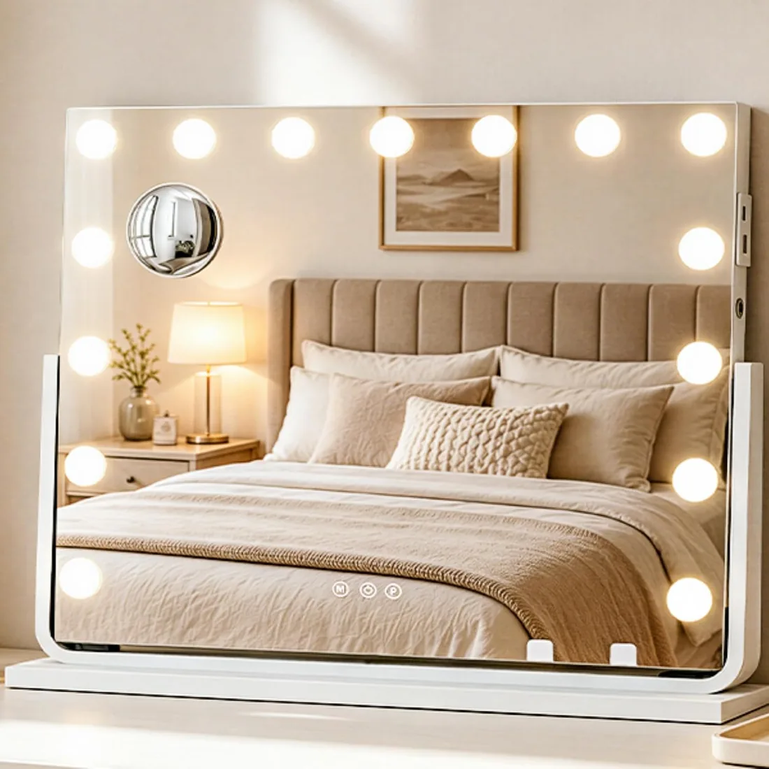 YITAHOME Espejo de Maquillaje con 18 LED y iluminación, Estilo Hollywood con Conexión USB y Tipo-C, 3 Temperaturas de Color Ajustables, Espejo Aumentador 10X y Soporte para Teléfono, 80x60 cm
