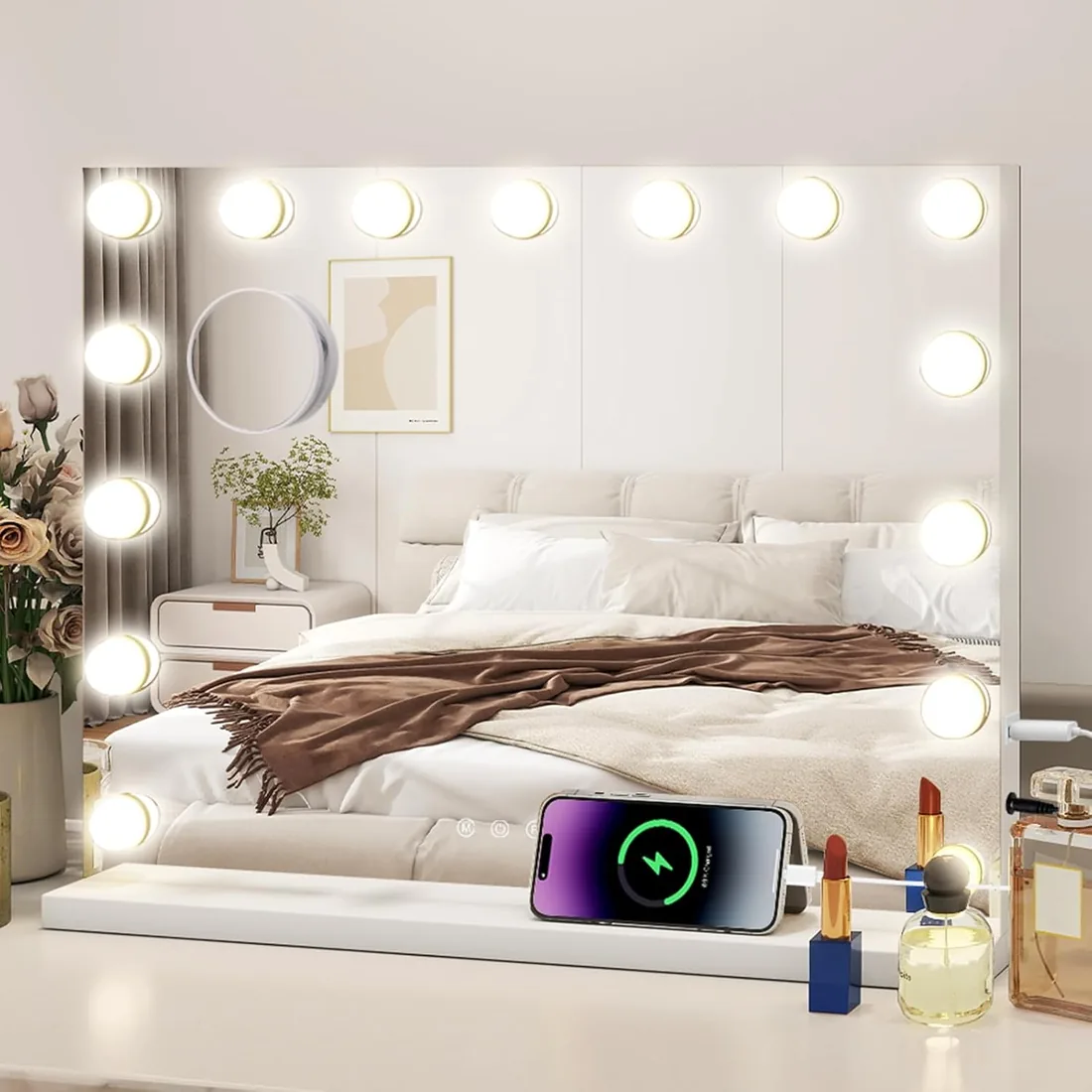 YU YUSING Hollywood - Espejo de Maquillaje con iluminación, 15 Luces LED Regulable, 3 Modos, Espejo de baño, Espejo de Pared, Espejo de Pared con 10 aumentos para Dormitorio, tocador foto 3