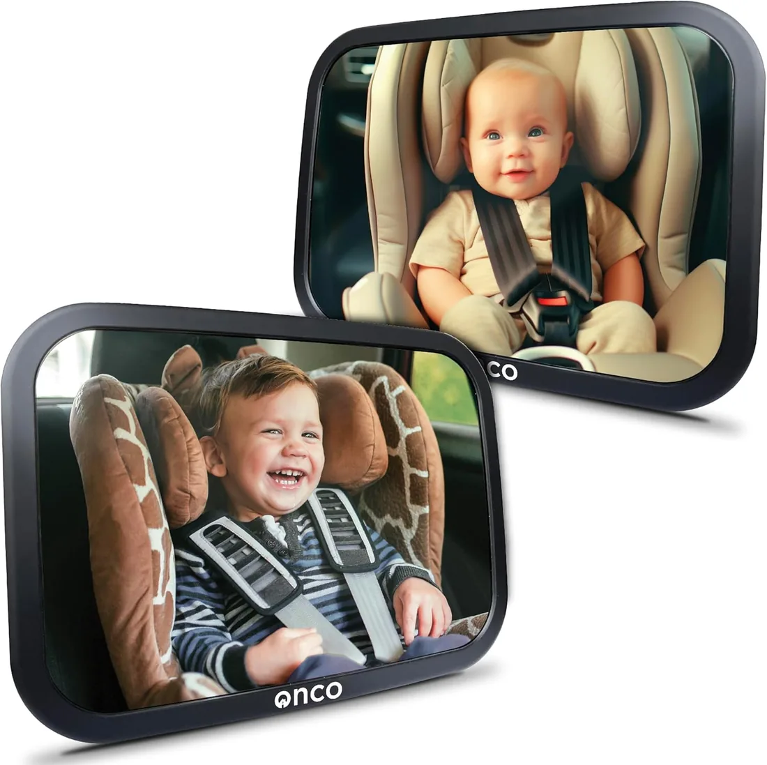 Onco Espejo Coche Bebé Asiento Trasero - Irrompible 360° [Pack de 2] | Set de 2 retrovisores para asiento trasero. Espejo retrovisor bebe coche irrompible con rotación 360° y antivibración.