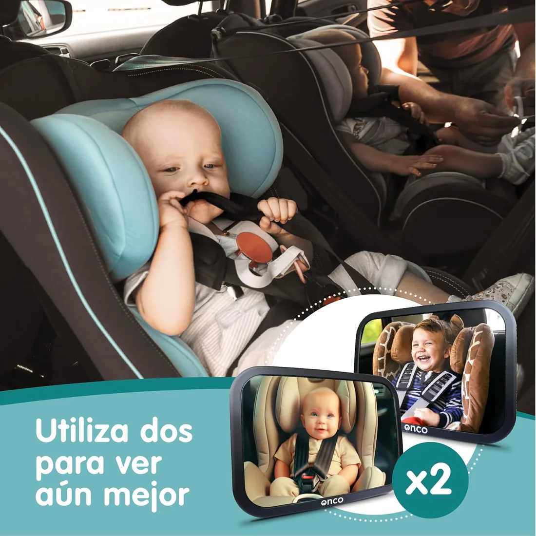 Onco Espejo Coche Bebé Asiento Trasero - Irrompible 360° [Pack de 2] | Set de 2 retrovisores para asiento trasero. Espejo retrovisor bebe coche irrompible con rotación 360° y antivibración. foto 2