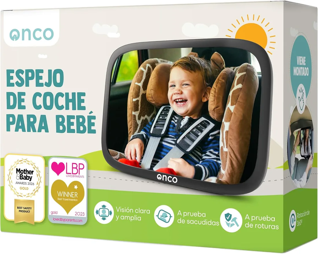 Onco Espejo Coche Bebé Asiento Trasero - Irrompible y Vista 360° | Retrovisor irrompible para vigilar al bebé en el auto. Ajuste universal, antivibración y ganador del premio LovedByParents.