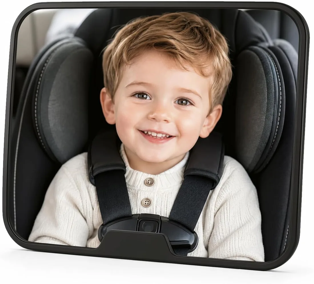 VINATO Espejo Coche para Bebé, Espejo Asiento Trasero Bebe, Vidrio Acrílico Irrompible, con Correas Ajustables, Instalación Rápida