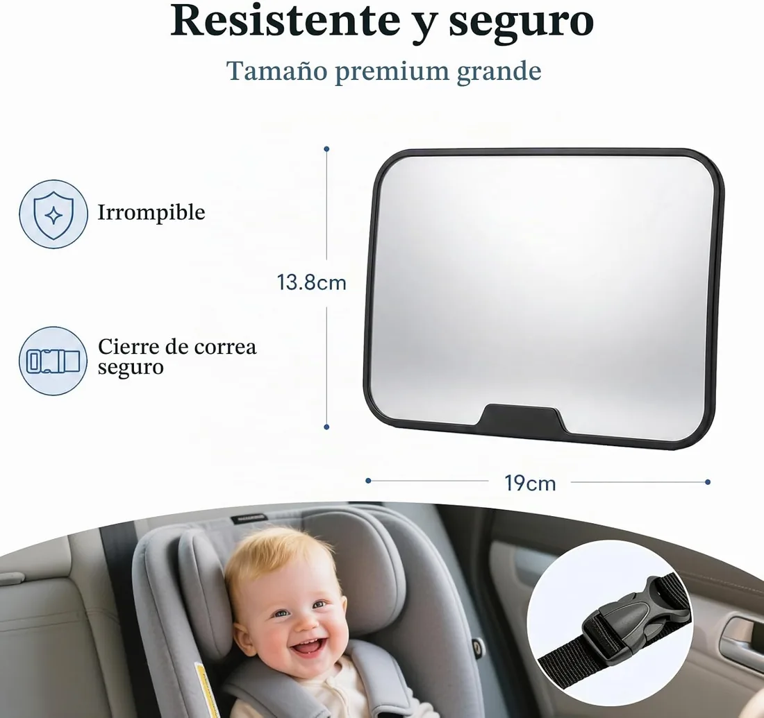 VINATO Espejo Coche para Bebé, Espejo Asiento Trasero Bebe, Vidrio Acrílico Irrompible, con Correas Ajustables, Instalación Rápida foto 2