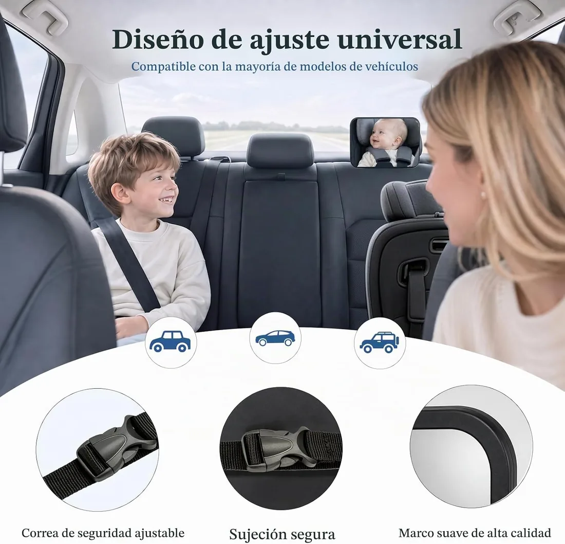 VINATO Espejo Coche para Bebé, Espejo Asiento Trasero Bebe, Vidrio Acrílico Irrompible, con Correas Ajustables, Instalación Rápida foto 3