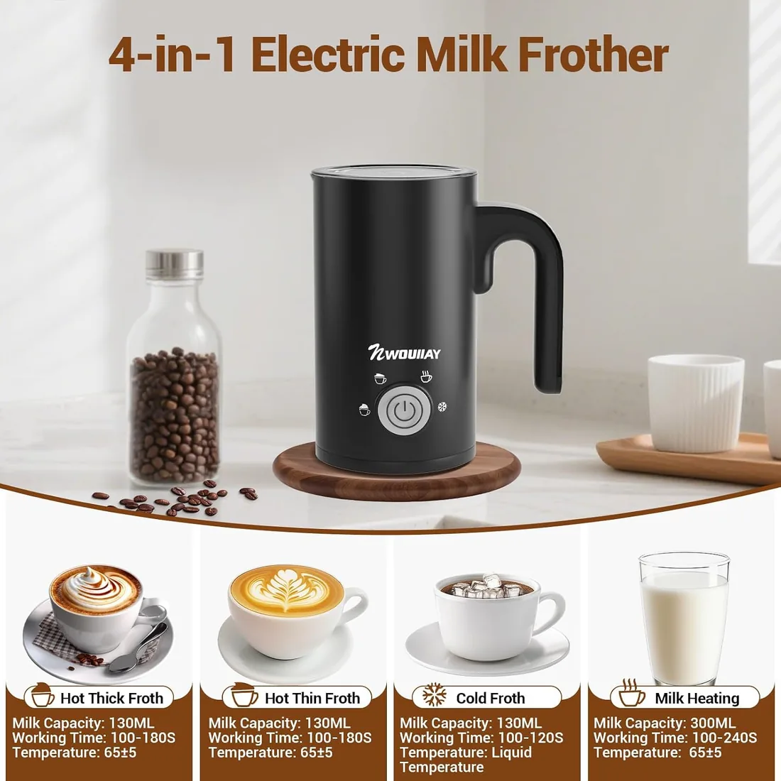 Espumador de Leche Eléctrico 4 en 1 Capacidad de 300 ML, Potencia de 600 W foto 2
