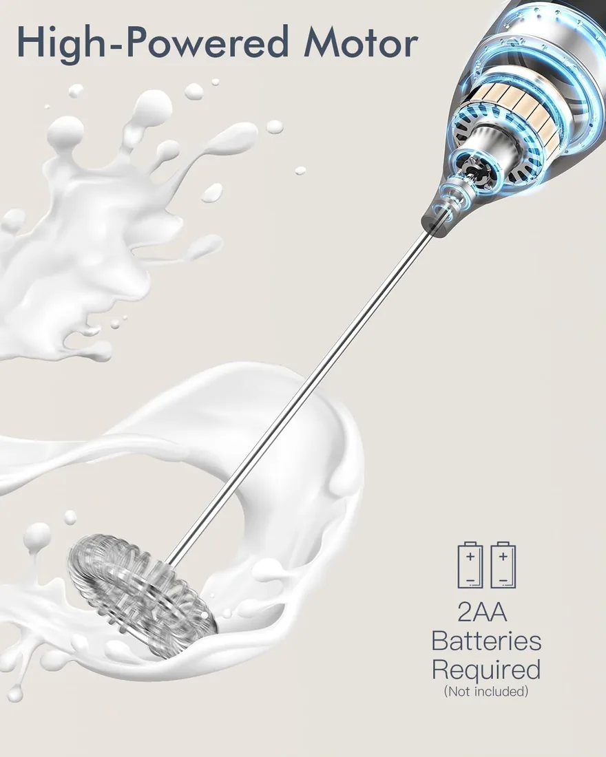 Espumador de Leche, Espumador Leche Electrico con Batidor de Acero Inoxidable,Funciona con Pilas Batidor de Leche Espuma Electrico para Café con leche, Capuchino, Chocolate Caliente, Negro foto 3