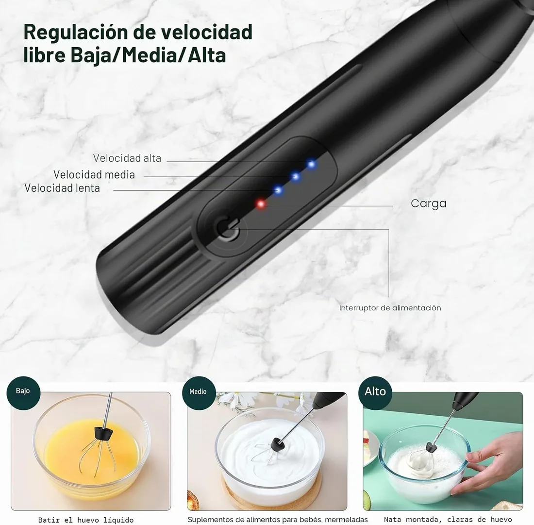espumador de leche,USB Recargable batidor de leche electrico, 3 velocidades ajustable espumadera de leche, batidora leche espuma para capuchino, café, matcha (Negro) foto 2