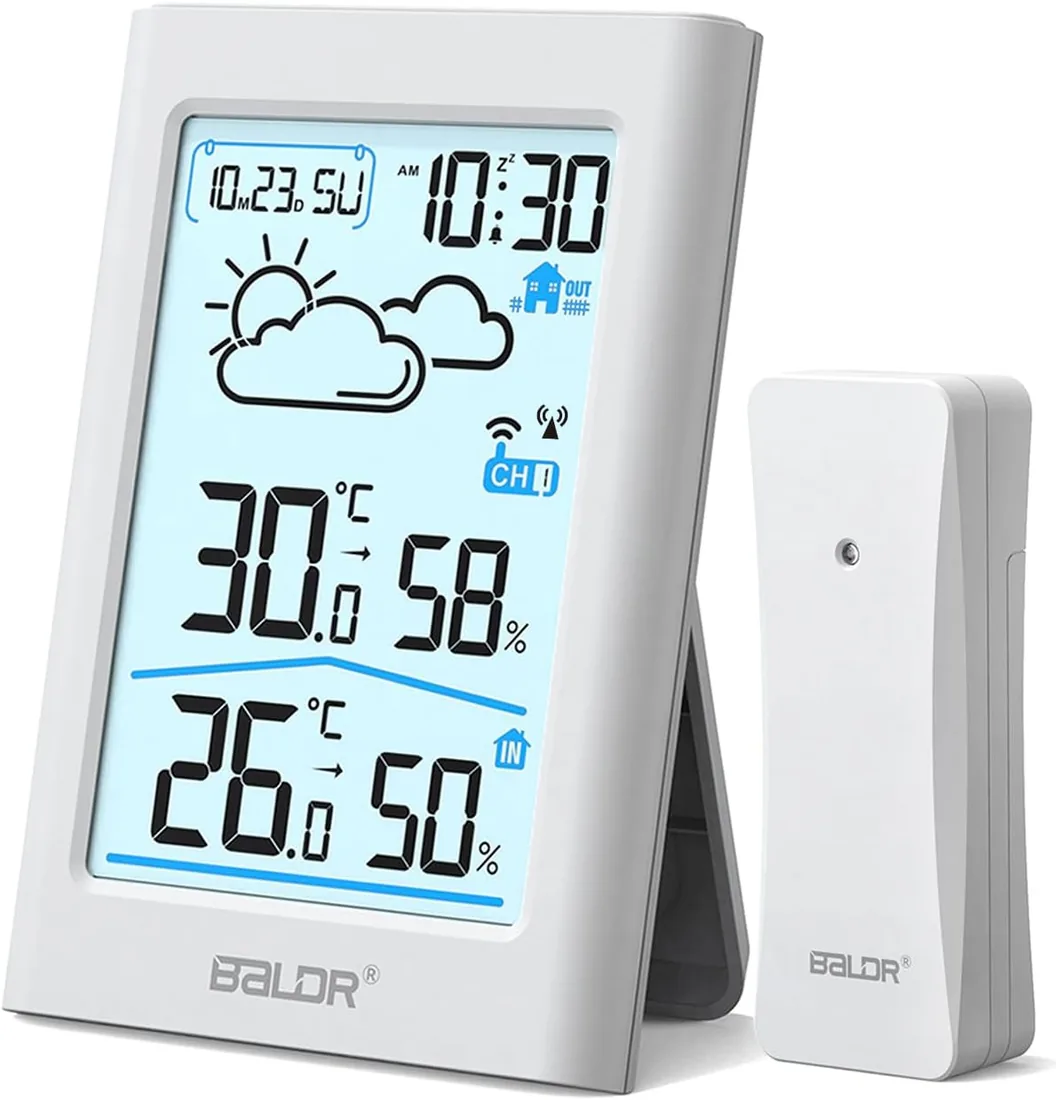 BALDR Estación meteorológica radiocontrolada, sensor exterior, reloj digital DCF termómetro, pantalla de temperatura int./ext. 3,7", termómetro de ambiente, higrómetro, previsión, hora, alarma, crema foto 3