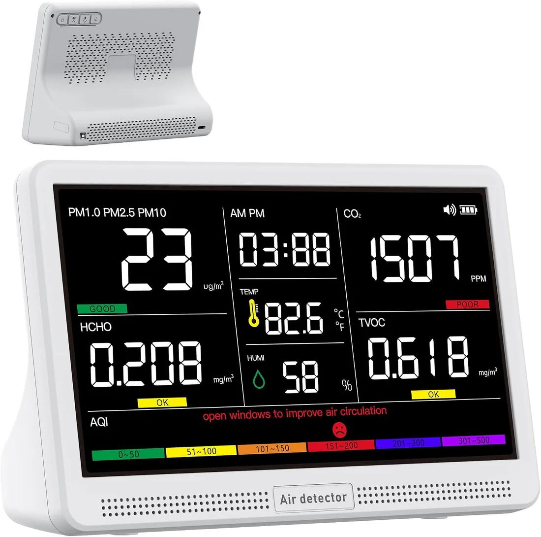 bonoch Medidor Calidad Aire Interior 16 en 1, 7" Pantalla Medidor CO2 8h | Medidor Calidad Aire profesional 9 AQI + 7 alertas, CO2, TVOC, PM2.5, PM1.0, PM10, HCHO, Temp, Humedad, AQI, Hora