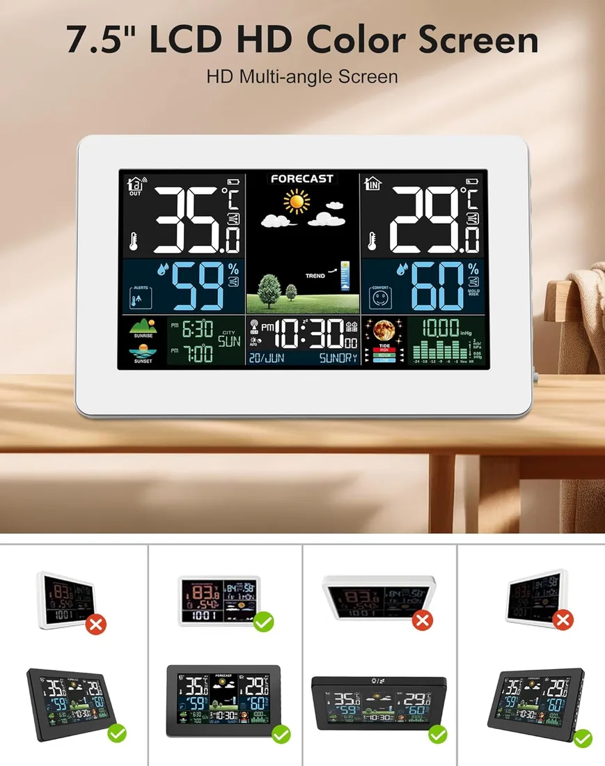 Estación Meteorológica Interior y Exterior con Pantalla a Color, Pronóstico del Tiempo, Temperatura, Humedad, Despertador LCD con Función de Repetición y Presión del Aire foto 2