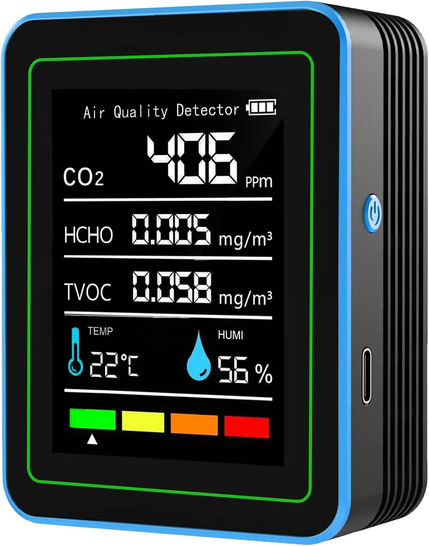 Monitor de calidad del aire para interiores: sensor de temperatura y humedad con CO2, TVOC, HCHO, detector portátil profesional, medidor de calidad del aire 5 en 1 para el hogar, oficina, escuela