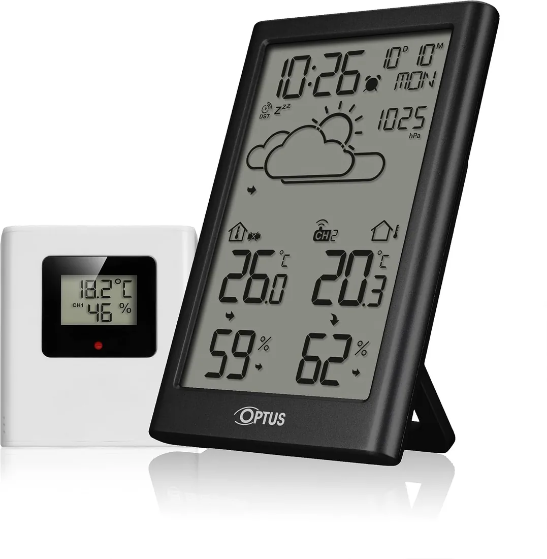 Optus Easy Estación meteorológica casa con sensor exterior | Temperatura interior y exterior, humedad, previsión del tiempo, presión, aviso de helada, despertador, alcance 80 m