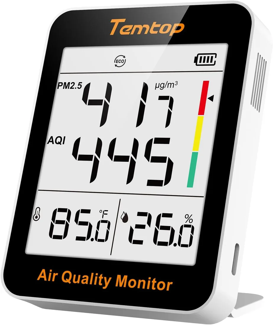 Temtop Monitor de Calidad del Aire Interior, Medidor de PM2.5, AQI, Temperatura y Humedad, 100 Días de Duración de Batería, Ideal para Hogar y Oficina S1-UP