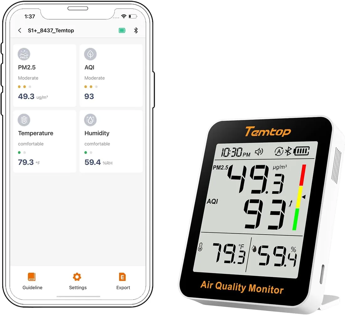 Temtop S1+ Medidor de Calidad del Aire PM2.5, AQI, Temperatura y Humedad, Batería Ultra Larga Duración de 100 Días, Termómetro Con Conexión APP, Ideal para Hogar y Oficina